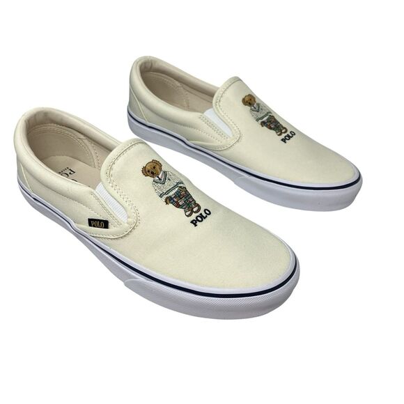 POLO RALPH LAUREN Sneakers Mens 9.5 Cream Canvas Slip On MADRAS BEAR Keaton Boat main image 7